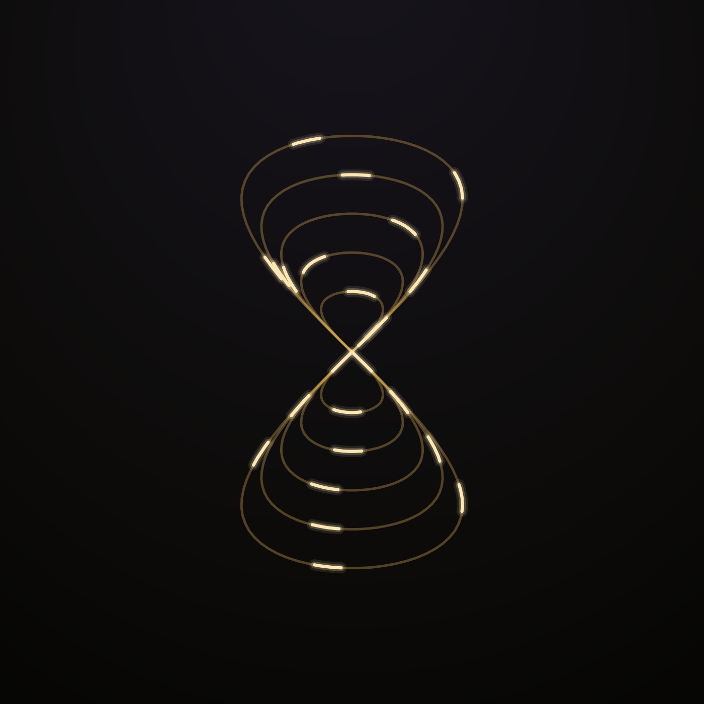 The 8: nested figure-eight loops of gold light traces on a dark field